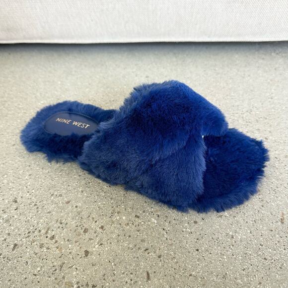 Nine West Dark Blue Cross Fur Slide Slippers - Picture 2 of 7